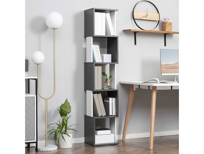 HOMCOM Bibliothèque Moderne 5 Étagères Bois Gris Blanc