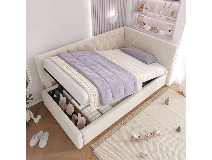 Lit de jour - MERAX - 90x200 - Velours beige - Coffre hydraulique - Sommier inclus