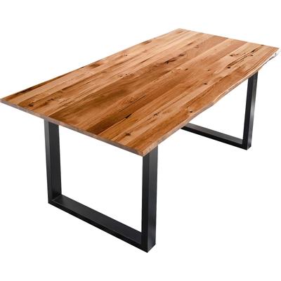 Baumkantentisch SALESFEVER "Villach Esstisch mit natürlicher Ausstrahlung", braun (cognac, schwarz, schwarz, cognac), B:140cm H:77cm T:80cm, Tische, Rechteckiger Esstisch Holz-Esstische, Sichtbare Maserung und Astlöcher, Esstisch aus Massivholz
