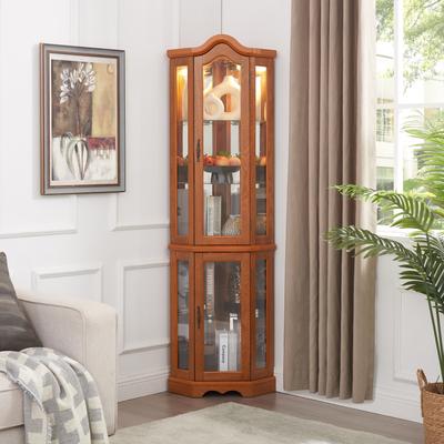 Telepassa Lighted Corner Curio Cabinet with Tempered Glass Doors