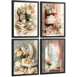 POSTER 4er-Set dekorative Badezimmerdrucke, romantischer Stil, Bilder mit Blumen, Parfums und Schminktisch, elegante, Schwarzer Rahmen A3