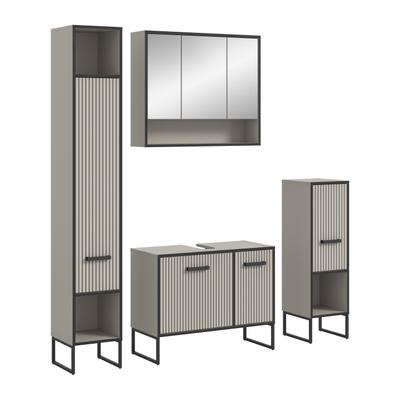 Badmöbel-Set WELLTIME "Locri, Breite 170 cm, Rillenoptik, Metallkufen", beige (kashmir nachbildung), Kastenmöbel-Sets, Badmöbel-Set, Hochschrank, Waschbeckenunterschrank, Spiegelschrank, Standschrank