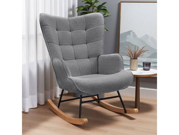 Fauteuil à Bascule ADWOLT rocking chair Velours Teddy Fauteuil de Relaxation Bois et Cadre en Métal chaise a bascule Gris foncé