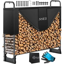KESSER® Kaminholzregal Metall Brennholzregal außen Stahlrahmen + Abdeckung & Handschuhe Kaminholzunterstand 200kg Wasserdichter Holzlager Holzstapelhilfe für Garten Terrasse