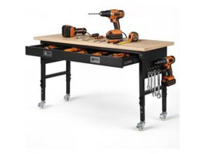 VEVOR Werkbank 1524x610 mm, Arbeitstisch 680 kg, Werktisch 760-1010 mm Höhenverstellbar, Garagentisch mit Schublade, Steckdose, Rollen & Lochwand, Werkstatttisch für Garage, Werkstatt, Büro
