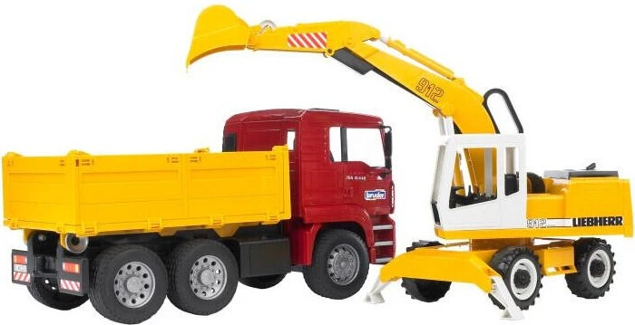 Bruder MAN TGA Kipp-LKW (rot/gelb, mit Liebherr Schaufelbagger)