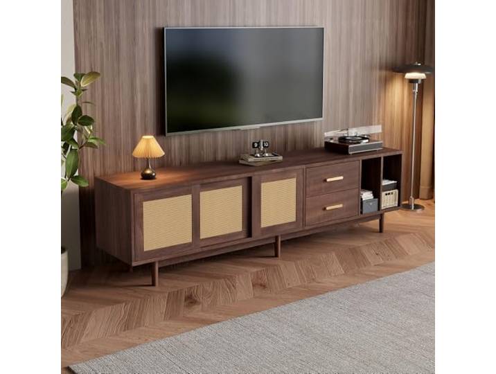 BTM Rattan TV-Schrank 190x40cm mit 6 Beinen Lowboard für 75-Zoll-TV, MDF-Lagerschrank mit Schubladen & Schiebetüren, Braun
