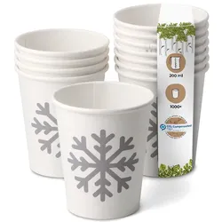BIOZOYG 1000 Stück Heißgetränke-Trinkbecher 200ml / 8ozPappe Winterliche Bedruckung, Einwegbecher Glühweinbecher Pappbecher, biologisch abbaubar