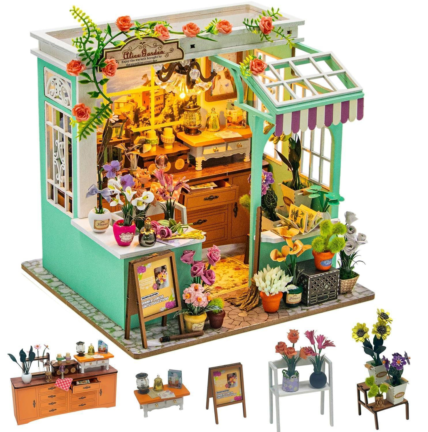CUTEROOM Zelfbouw miniatuur poppenhuis met NFC-functionaliteit, houten modelbouwset, Alice-tuin