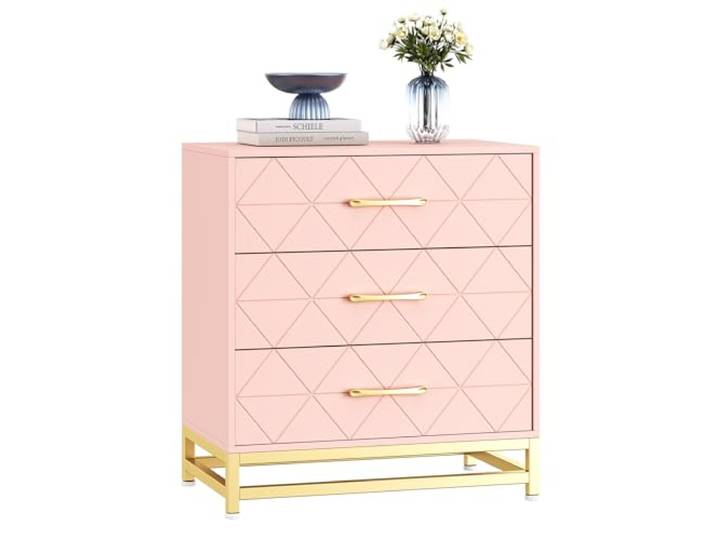 RBFGYIOP Moderne Kommode mit 3 geräumigen Schubladen – Gestell aus robustem MDF-Holz – goldfarbene Metallgriffe – große Kapazität – ideal für Kleidung, Accessoires u