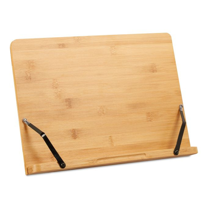 Relaxdays Kookboekstandaard van bamboe, verstelbaar met 5 standen en 2 klemmen, beige, H x B x D: 24 x 34 x 21 cm