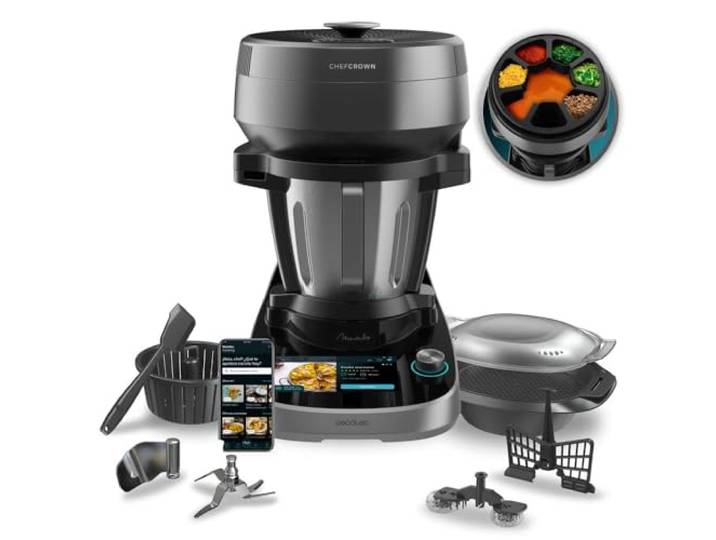 Cecotec Robot de Cuisine Multifonction avec Distributeur d'Aliments Mambo CooKing Victory. 1700 W\, 45 Fonctions\, Recettes Guidées\, Récipient Victory de 5L\, Acc: Cuiseur Vapeur ou Panier pour Bouillir