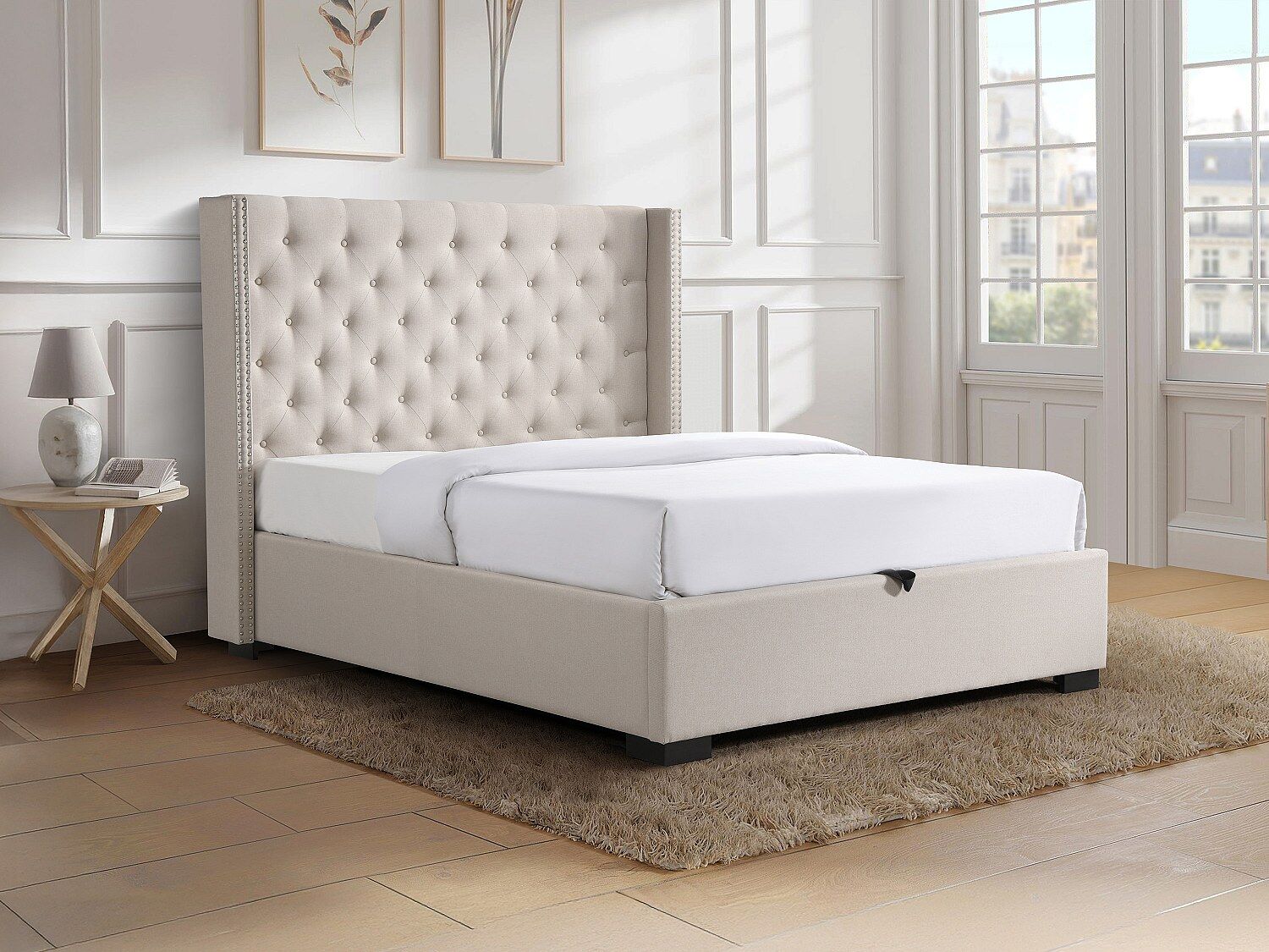 Vente-unique [NEW VERSION]Bed met opbergruimte – 160 x 200 cm – Met gecapitonneerd hoofdbord – Stof – Beige - MASSIMO