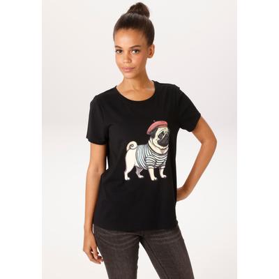 T-Shirt ANISTON CASUAL, Damen, Gr. 36, schwarz (schwarz, beige, rot, taupe, grün), Single Jersey, Obermaterial: 95% Baumwolle, 5% Elasthan, bedruckt, figurumspielend hüftlang, Rundhals, Shirts T-Shirt, mit Dackel oder Mops bedruckt - du hast die Wahl