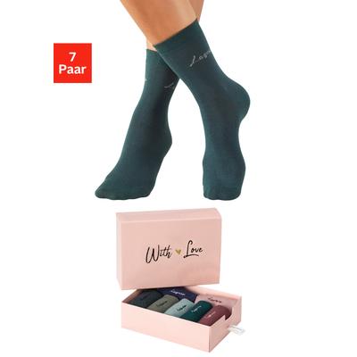 Basicsocken LASCANA "für Damen mit eingestricktem Markenlogo", Damen, Gr. 39-42, bunt (1x altrosa, 1x beere, 1x petrol, 1x grün, 1x marine, 1x anthrazit, meliert, 1x graugrün), Baumwollmischung, unifarben, elastisch, Socken, in ansprechender...