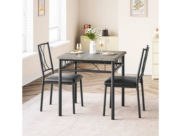 Ensemble 3 pièces table carrée grise 2 chaises métal/bois studio