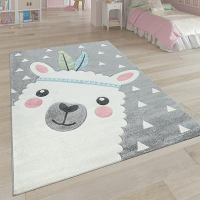 Paco Home Cute Kids Rug with happy Llama for Nursery in Pink White and Grey