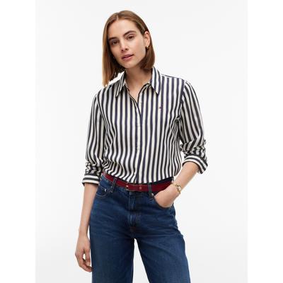Langarmbluse TOMMY HILFIGER "FLUID REGULAR STP SHIRT", Damen, Gr. 42, banker stp dunkelblau ecru, Web, Obermaterial: 87% Viskose, 13% Nylon, gestreift, regular fit normal, Manschette, Blusen, Viskosemischung, regular fit