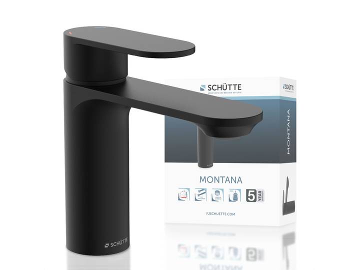 Waschtischarmatur SCHÜTTE MONTANA , schwarz (schwarz matt), B:16cm H:14,5cm T:4,5cm Ø:4,5cm, Messing, Armaturen, Waschtischarmatur, Wasserhahn Ablaufgarnitur Exzenter Energiesparende Cold-Start-Funktion