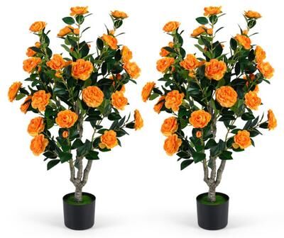 "Costway Set of 2 39.5"" Artificial Camellia Tree with Orange Blossoms in Cement Pot for Decoration-Orange"