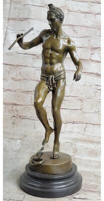 Bronzhaus Signed Snake Charmer By Bourgeois Bronze Sculpture Marble Base Figurine Figure