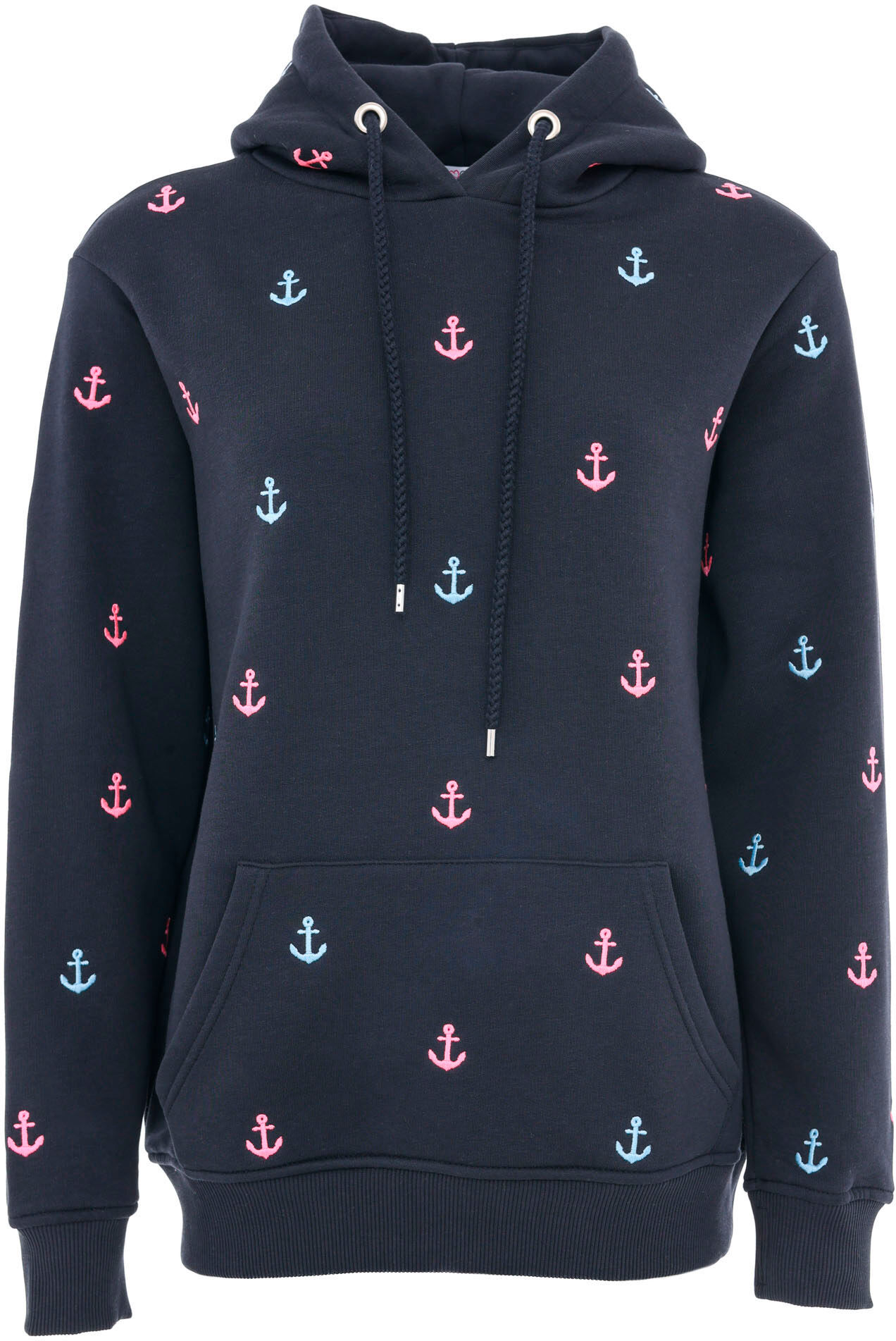 Hoodie ZWILLINGSHERZ "Anker", Damen, Gr. L/XL, blau (marine), Sweatware, Obermaterial: 50% Baumwolle, 50% Polyester, regular fit normal, V-Ausschnitt, angesetztes Bündchen, Sweatshirts Hoodie, mit gestickten Ankern und Fronttasche