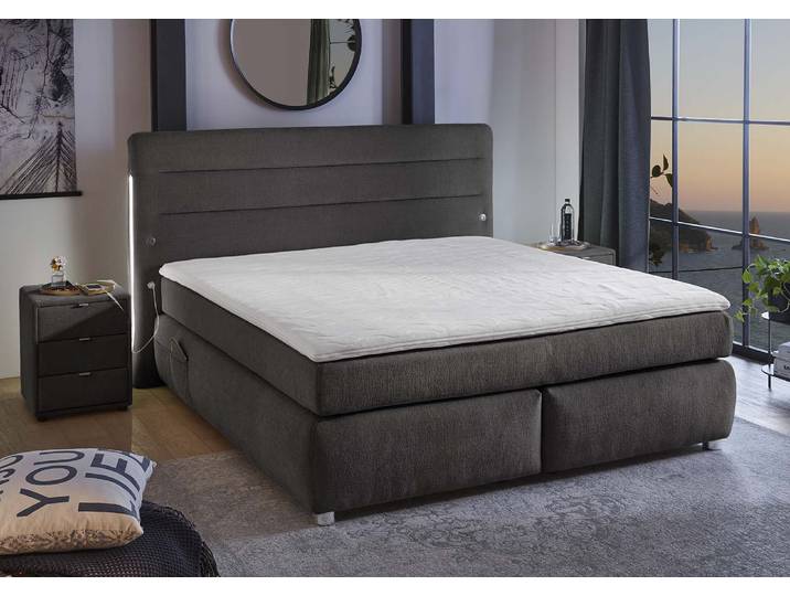 Boxspringbett, Chenille, Dunkelgrau, 205×217 cm, LED-Beleuchtung & USB-Ladeports, Modern, Jockenhöfer