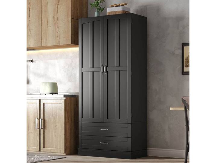 Colonne de cuisine 2 Portes 2 Tiroirs 3 Tablettes Coulissantes - MEUNIQ - MDF Noir pour Cuisine 80×37 5×180 cm