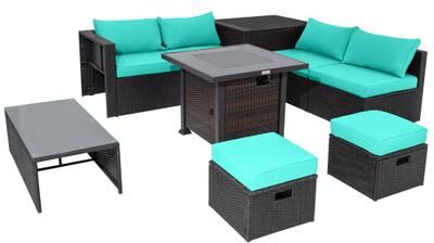 Costway 9 Pieces Patio Furniture Set with 32” Fire Pit Table and 50000 BTU Square Propane Fire Pit-Turquoise