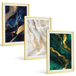 BILDER SET 3er Set - 40x60 cm Goldrahmen - Abstrakte blaugrüne Muster