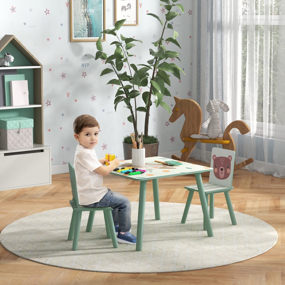 ZONEKIZ Ensemble table chaises enfant design animaux de la forêt bois pin vert Vert 60x44x60cm