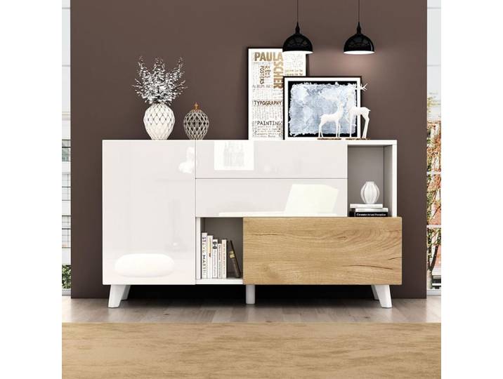 Buffet - Gutent - Moderne - Blanc brillant - Chêne clair - 130x40x70 cm