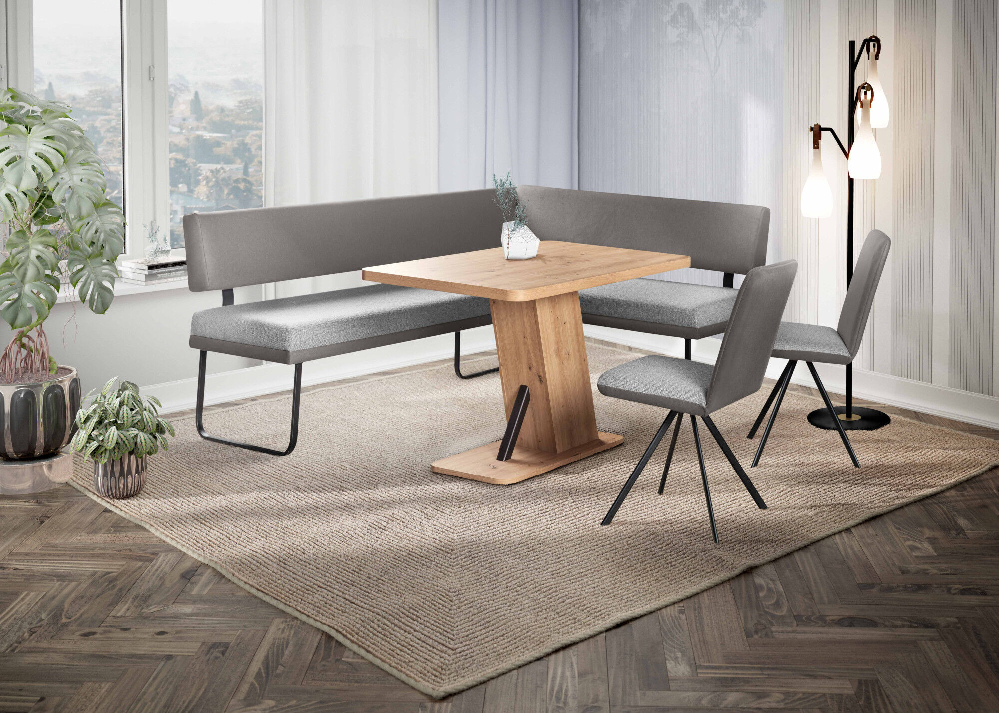 Eckbankgruppe OTTO HOME "Gabi Essecke, Sitzgruppe, Eckbankgruppe, Küchenbankgruppe", grau (graublau, grau, schwarz), B:214cm H:87cm T:164cm, Holzwerkstoff, MDF, Massivholz, Metall, Polyester, Sitzmöbel-Sets, Eckbankgruppe, Gestell aus matt-schwarzem Flach