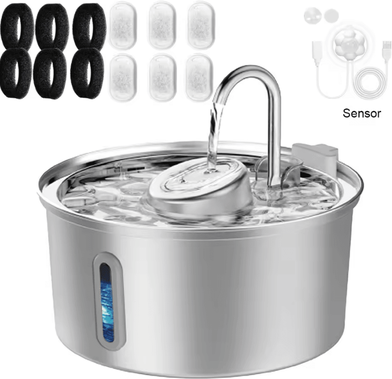 Inspire Curations PureFlow 3.2L Stainless Steel Pet Water Fountain Automatic Filtered Drinking Station For Cats & Dogs water 6chips Sensor
