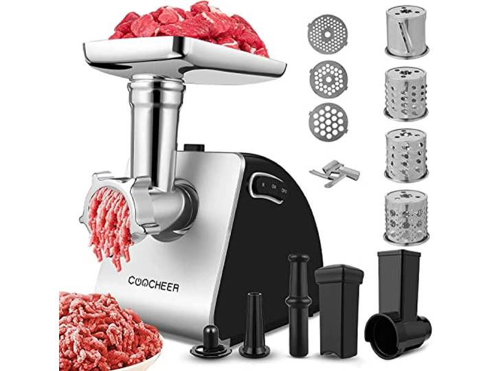 Nictemaw Fleischwolf Elektrisch 5 in 1 Multi Küchenmaschine mit 4 Klingen und 3 Edelstahl schneidplatten, Wurstmaschine, Aufsätze für Cookie