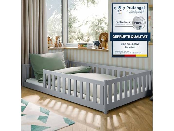 Kids Collective Montessori-Bodenbett 120x200 cm, Aschgrau, Rausfallschutz Lattenrost inklusive, Matratze optional, für Kinder und Jugendliche