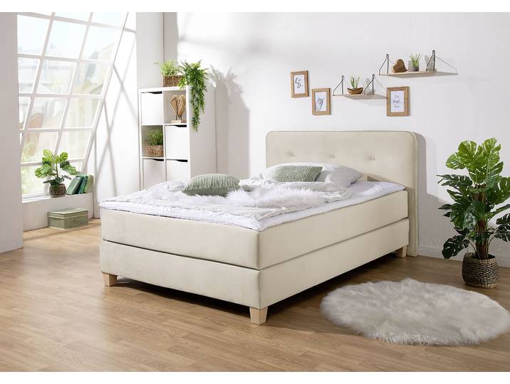 Boxspringbett, Strukturstoff, Beige, 133×207 cm, Inkl. Topper, Modern, Home Affaire