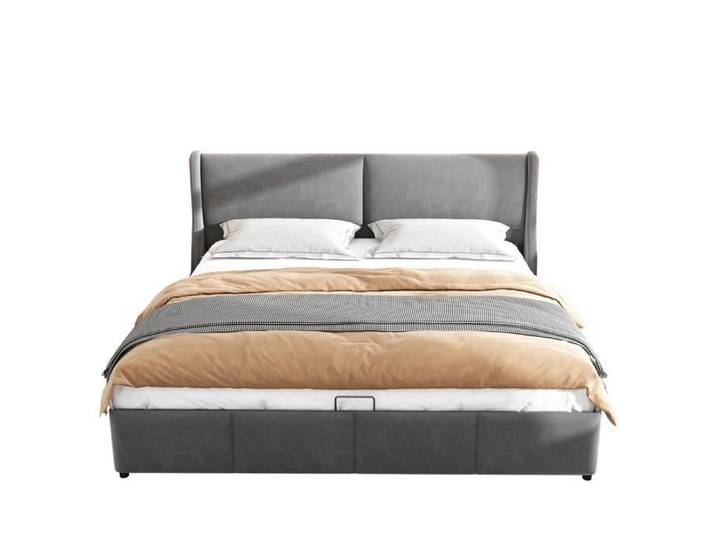 Lit coffre relevable hydraulique 2 places – gris – velours – 160 x 200 cm