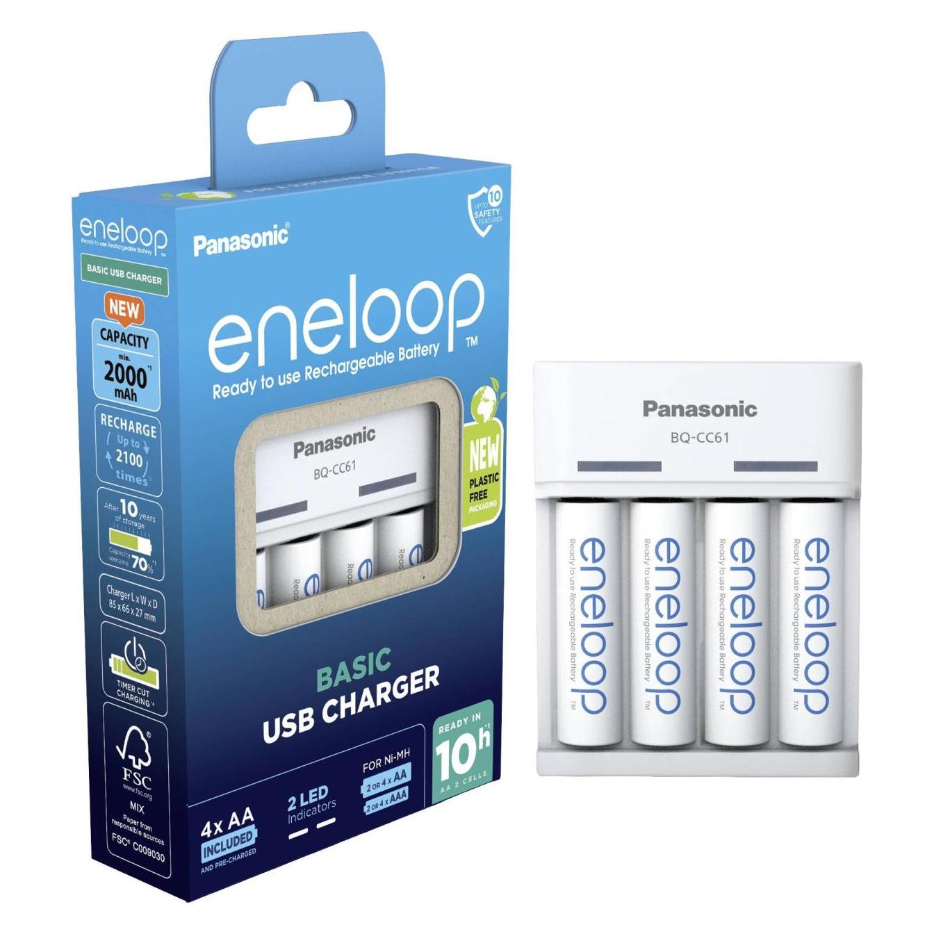 Panasonic eneloop Basic USB Charger BQ-CC61 (4 Stk., AA, Ladegerät inkl. Akku) (K-KJ61MCC40USB)