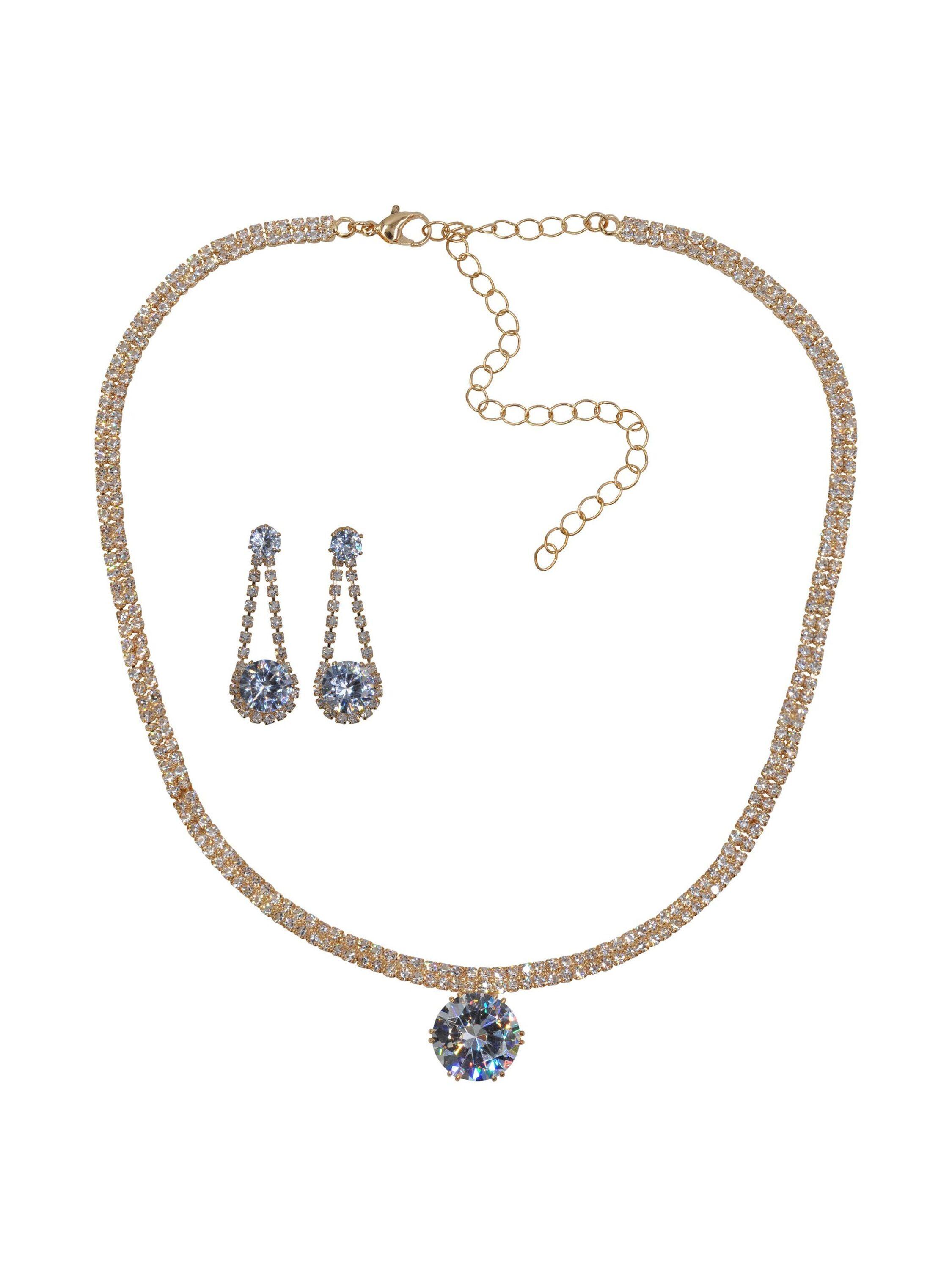 Steuer Modeschmuck Set Kette Ohrringe Metall 51cm vergoldet glanz Glasstein weiß