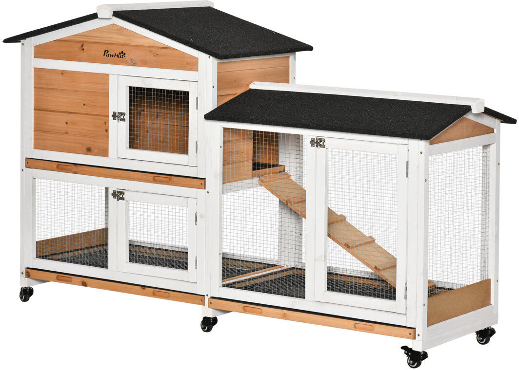 PawHut Rabbit Hutch Bunny Cage Outdoor 2-Tier with Wheels & Tray Yellow Yellow 252.73cm H X 134.62cm W X 399.8cm D