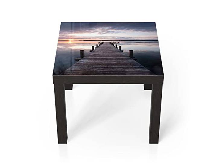 DEQORI Glastisch schwarz klein 55x55 cm Motiv Steg bei Sonnenuntergang ausgefallener Beistelltisch aus Glas Hochglanz Couchtisch fürs Wohnzimmer moderner Couch Tisch mit Design