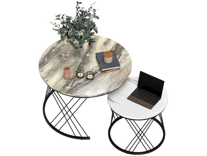 HOMCOM Couchtisch rund 2er Set Beistelltisch Wohnzimmertisch mit Marmoroptik