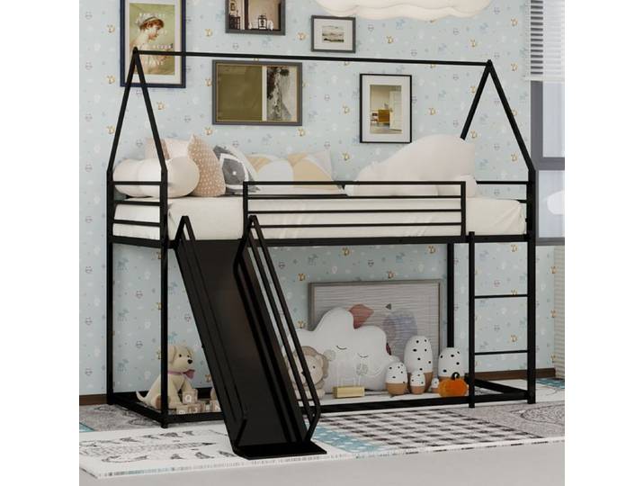 Lit Mezzanine Enfant 90x190 cm - Lit Superposé avec Toboggan et Échelle Style Maison en Métal Noir Sans Matelas