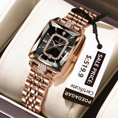 Inspire Select POEDAGAR Luxury Waterproof Rectangle Women's Quartz Watch With Calendar rosegold Black