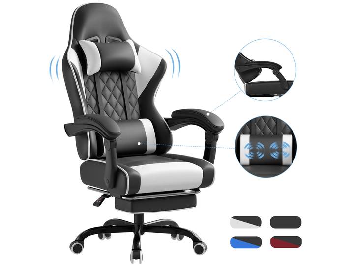 HOMALL Chaise de jeu massante réglable en hauteur, design ergonomique avec support lombaire, appui-tête, chaise pivotante