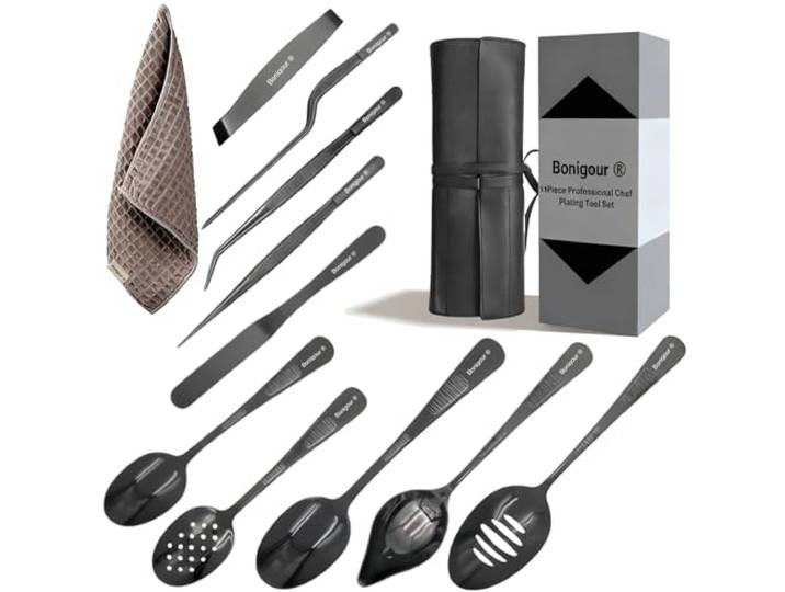 Bonigour Professionelles Küchenutensilien-Set, 11-teilig, Edelstahl, Schwarz, Küchenutensilien für moderne Küche, Lebensmittelkunst (schwarz)