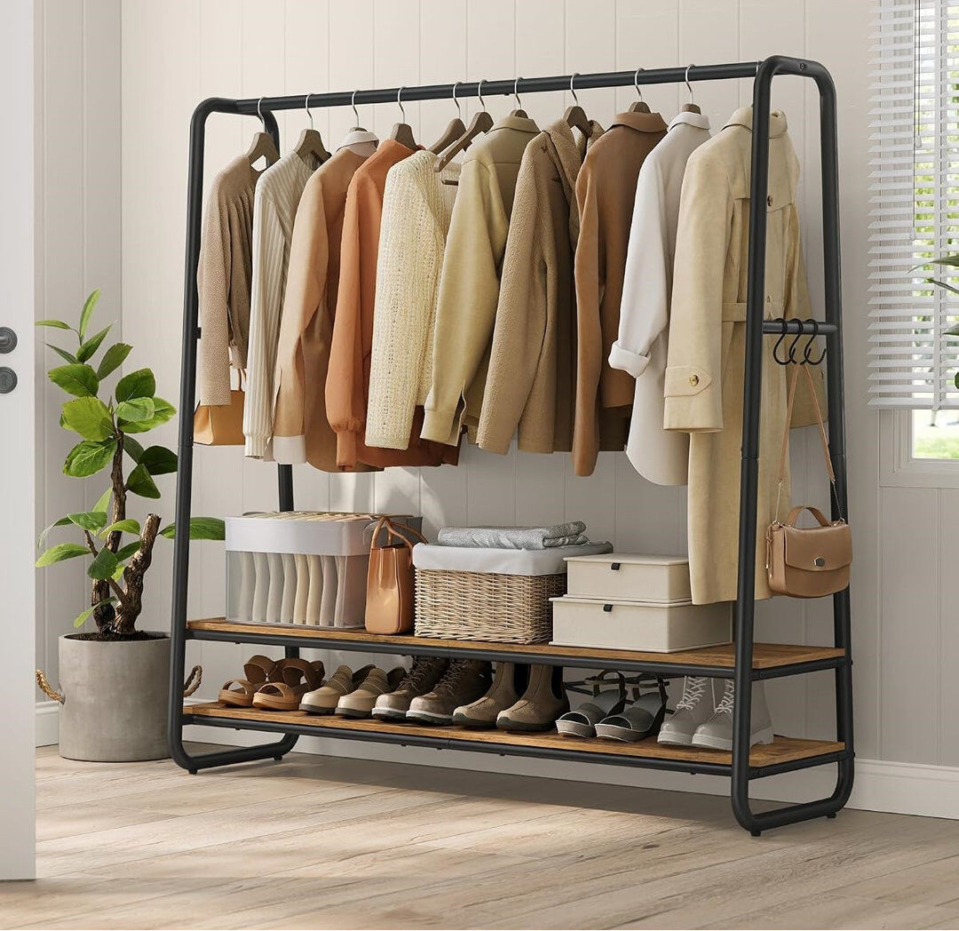 Borough Wharf Clothes Rail, Clothes Rack With 2 Shelves, 6 S-Shaped Hooks, Steel Frame Brown 138cm L