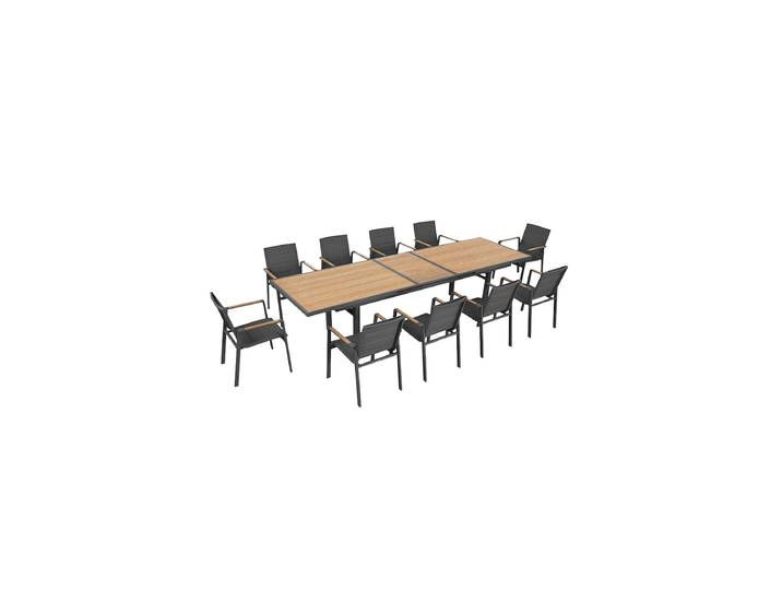 Grosses Premium Dining-Set „Nofi“ 10+1, mit Ausziehtisch Teak Anthrazit Higold