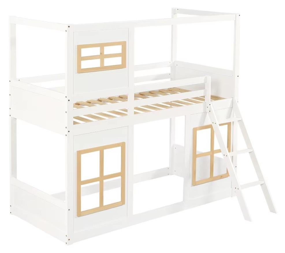 Kinder-Hausetagenbett - Etagenbett - 90 x 200 cm - Massivholz und MDF - Stabile Treppe - Sicherheitsgitter - Dekoratives Fenster - Weiß/Natur